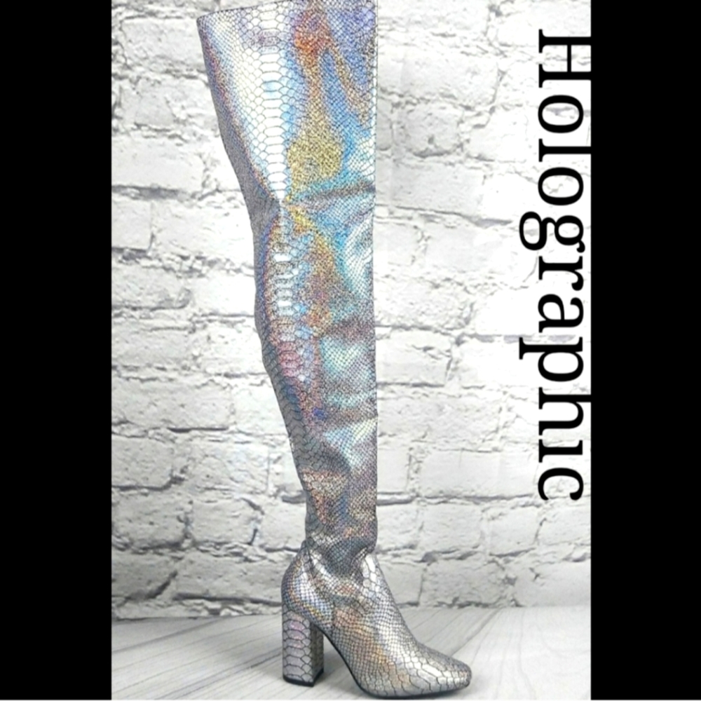 Holographic Silver Thigh high Boots